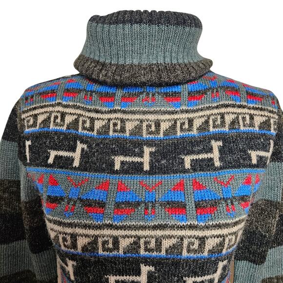 Womens Llama Pattern Peruvian Fair Isle Geometric Turtleneck Wool Sweater Sz S - Picture 2 of 15